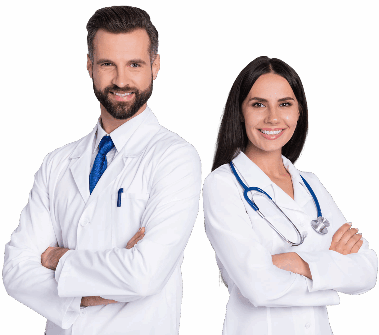 Two healthcare workers posing together in uniform