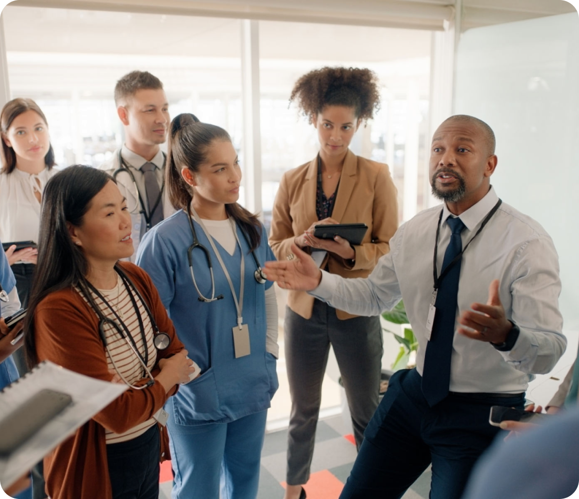 Diverse healthcare professionals meeting